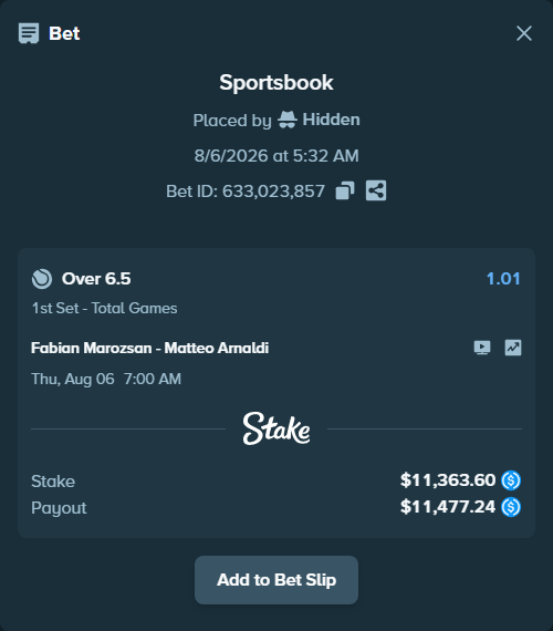 Bet slip: Fabian Marozsan - Matteo Arnaldi, $11,363.60 stake at 1.01 odds, placed by Hidden