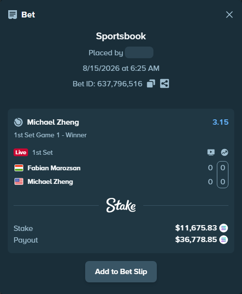 Bet slip: Fabian Marozsan - Michael Zheng, $11,664.15 stake at 3.15 odds, placed by Prettylfacko98
