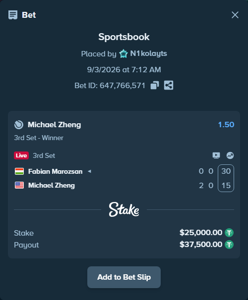 Bet slip: Fabian Marozsan - Michael Zheng, $25,000.00 stake at 1.50 odds, placed by N1kolayts