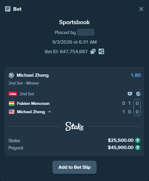 Bet slip: Fabian Marozsan - Michael Zheng, $25,500.00 stake at 1.80 odds, placed by N1kolayts
