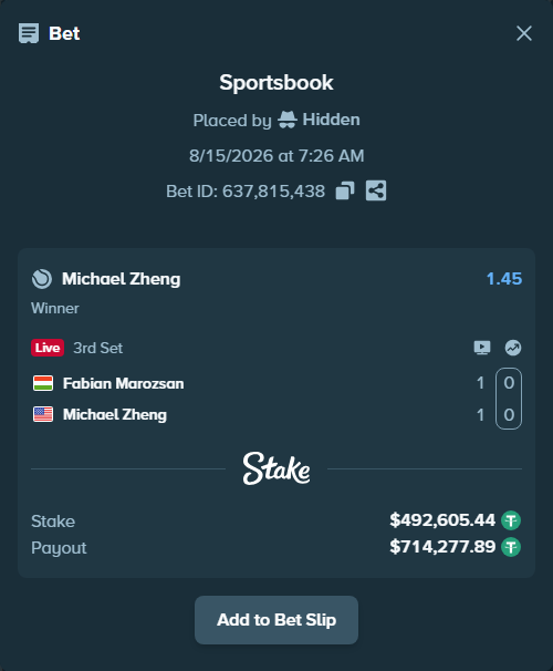Bet slip: Fabian Marozsan - Michael Zheng, $493,098.05 stake at 1.45 odds, placed by Hidden