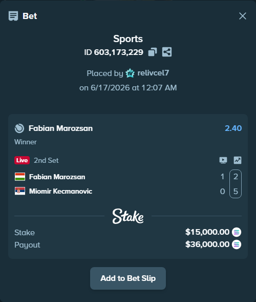 Bet slip: Fabian Marozsan - Miomir Kecmanovic, $14,930.19 stake at 2.40 odds, placed by relivcel7