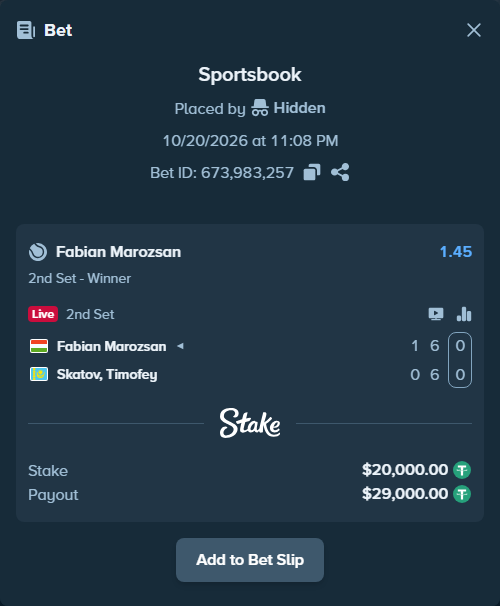 Bet slip: Fabian Marozsan - Skatov, Timofey, $20,020.00 stake at 1.45 odds, placed by Hidden