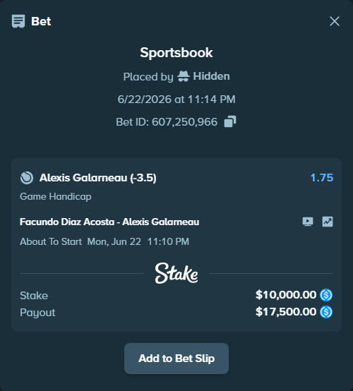 Bet slip: Facundo Diaz Acosta - Alexis Galarneau, $10,000.00 stake at 1.75 odds, placed by Hidden