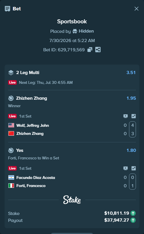 Bet slip: Facundo Diaz Acosta - Forti, Francesco, $10,822.00 stake at 1.80 odds, placed by Hidden