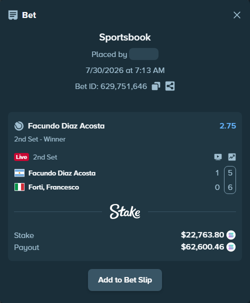 Bet slip: Facundo Diaz Acosta - Forti, Francesco, $22,745.88 stake at 2.75 odds, placed by Prettylfacko98