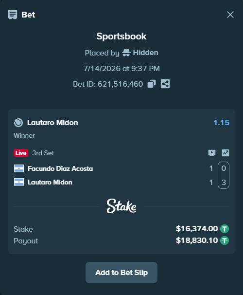 Bet slip: Facundo Diaz Acosta - Lautaro Midon, $16,390.37 stake at 1.15 odds, placed by Hidden