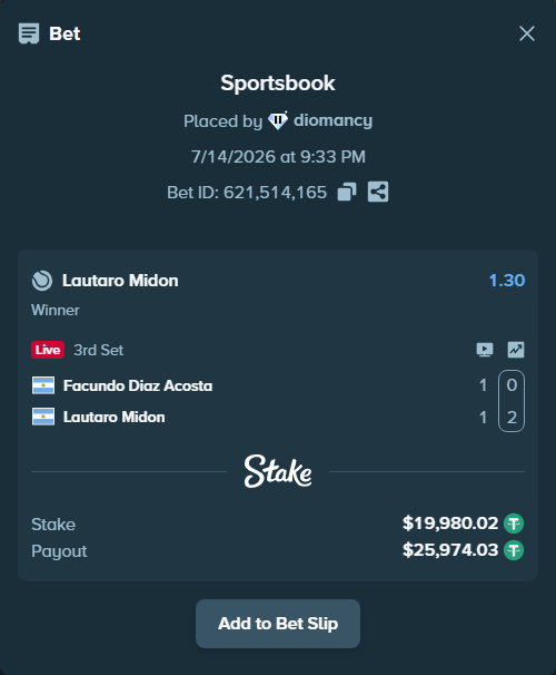 Bet slip: Facundo Diaz Acosta - Lautaro Midon, $20,000.00 stake at 1.30 odds, placed by diomancy