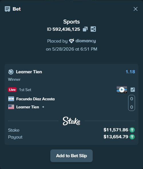 Bet slip: Facundo Diaz Acosta - Learner Tien, $11,595.00 stake at 1.18 odds, placed by diomancy