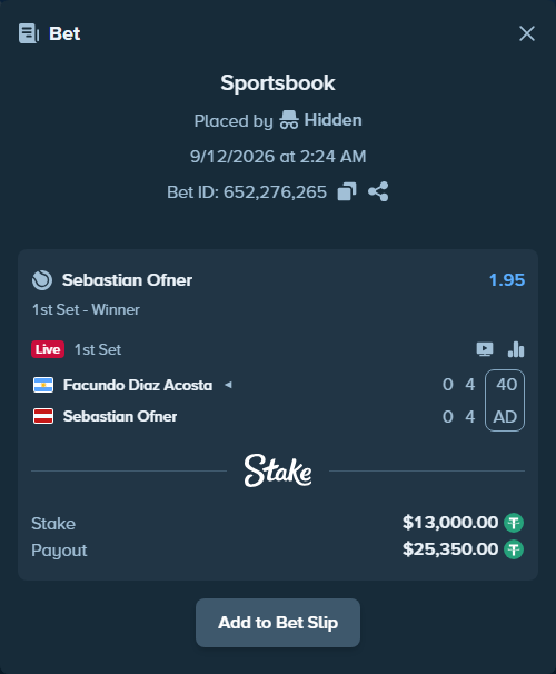 Bet slip: Facundo Diaz Acosta - Sebastian Ofner, $13,000.00 stake at 1.95 odds, placed by Hidden