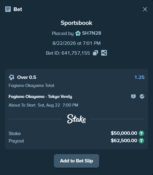 Bet slip: Fagiano Okayama - Tokyo Verdy, $50,000.00 stake at 1.25 odds, placed by SH7N28