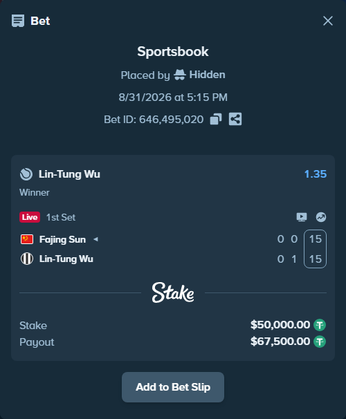 Bet slip: Fajing Sun - Lin-Tung Wu, $50,000.00 stake at 1.35 odds, placed by Hidden
