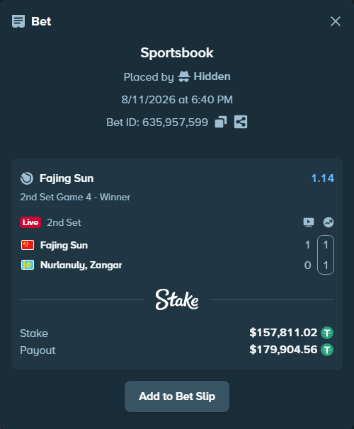 Bet slip: Fajing Sun - Nurlanuly, Zangar, $157,968.83 stake at 1.14 odds, placed by Hidden