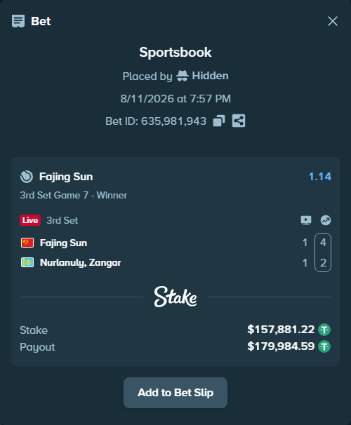 Bet slip: Fajing Sun - Nurlanuly, Zangar, $158,039.10 stake at 1.14 odds, placed by Hidden