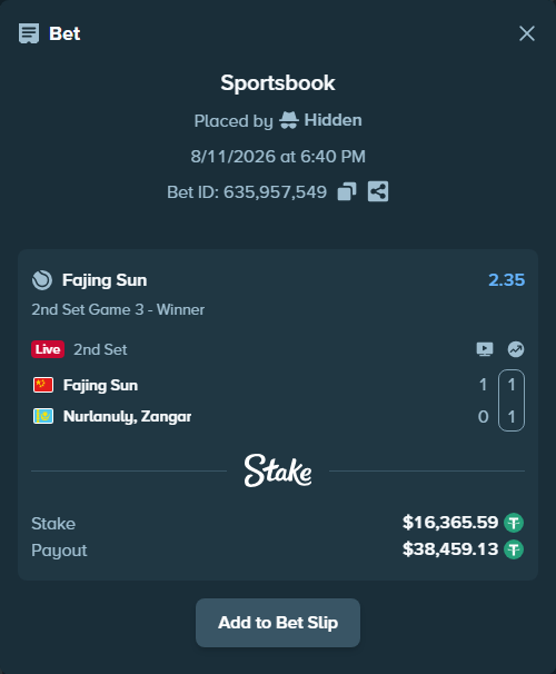Bet slip: Fajing Sun - Nurlanuly, Zangar, $16,381.95 stake at 2.35 odds, placed by Hidden