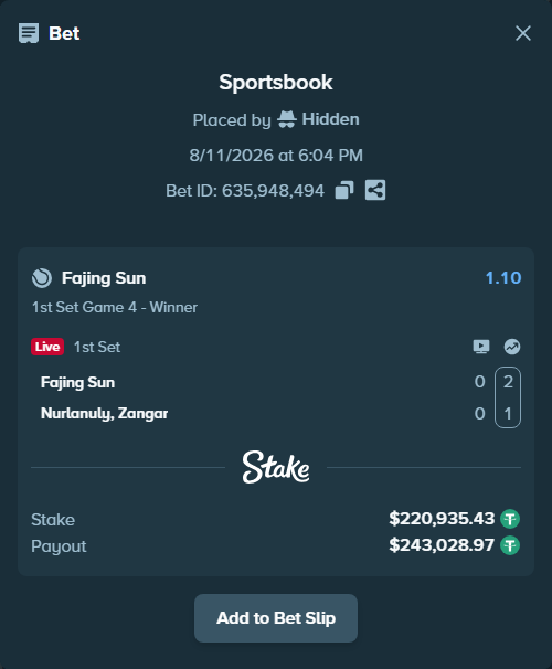 Bet slip: Fajing Sun - Nurlanuly, Zangar, $221,156.36 stake at 1.10 odds, placed by Hidden