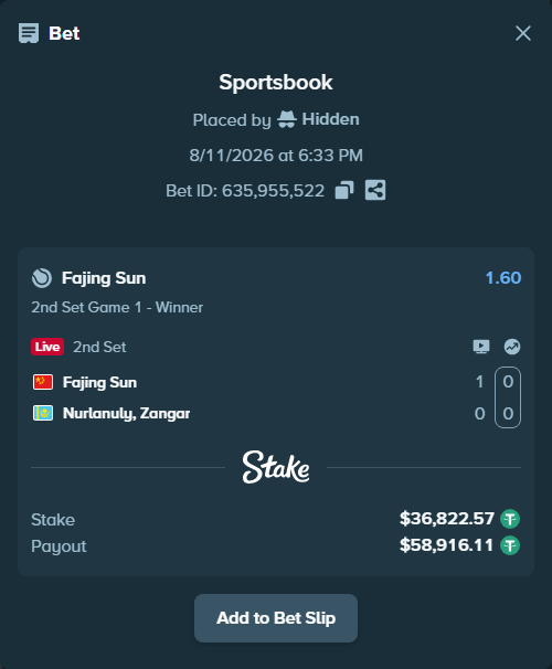 Bet slip: Fajing Sun - Nurlanuly, Zangar, $36,859.39 stake at 1.60 odds, placed by Hidden