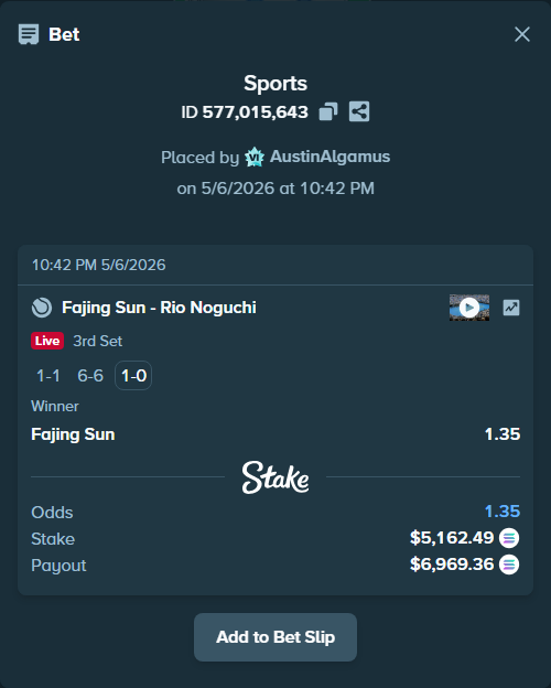 Bet slip: Fajing Sun - Rio Noguchi, $4,281.28 stake at 1.35 odds, placed by AustinAlgamus