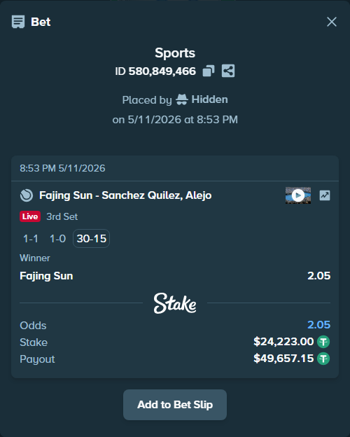 Bet slip: Fajing Sun - Sanchez Quilez, Alejo, $24,223.00 stake at 2.05 odds, placed by Hidden