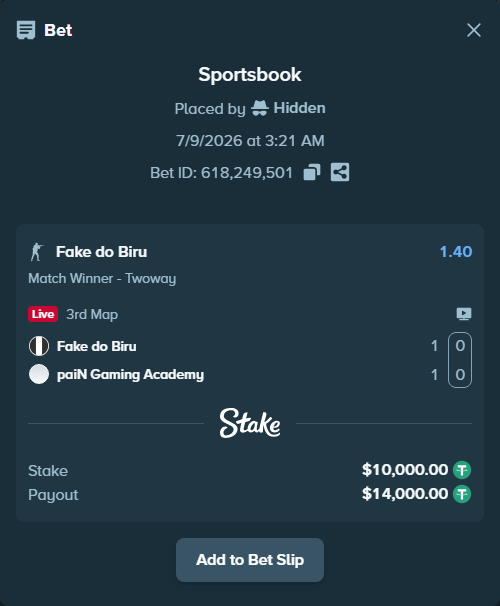 Bet slip: Fake do Biru - paiN Gaming Academy, $10,010.00 stake at 1.40 odds, placed by Hidden