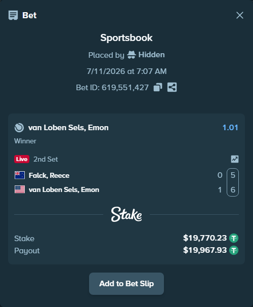 Bet slip: Falck, Reece - van Loben Sels, Emon, $19,790.00 stake at 1.01 odds, placed by Hidden