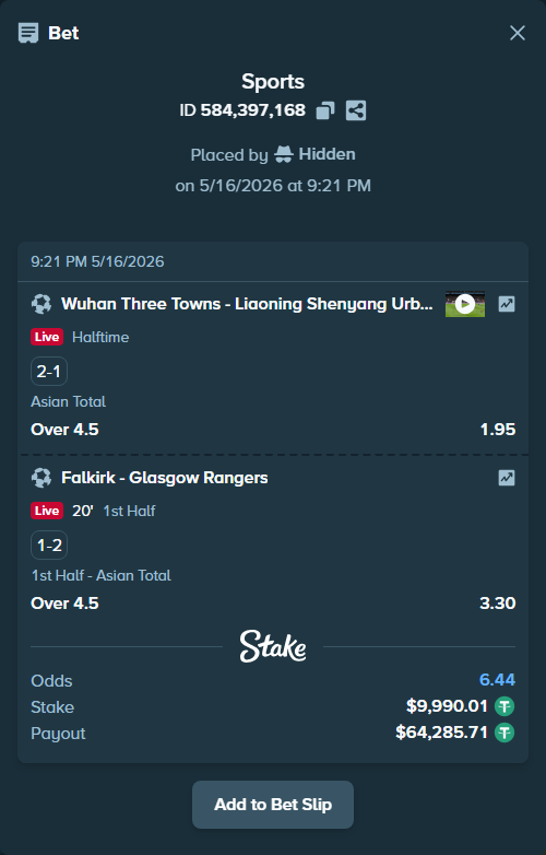 Bet slip: Falkirk - Glasgow Rangers, $10,000.00 stake at 3.30 odds, placed by Hidden