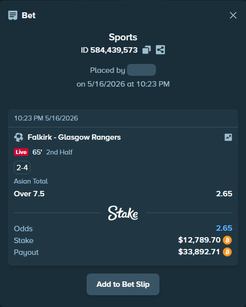 Bet slip: Falkirk - Glasgow Rangers, $10,516.14 stake at 2.65 odds, placed by ninafreak