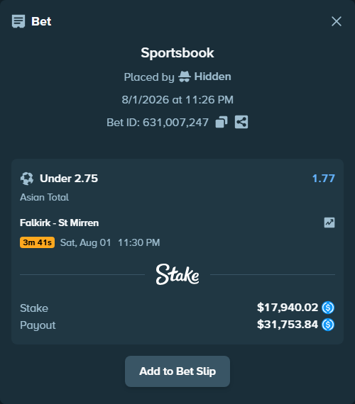 Bet slip: Falkirk - St Mirren, $17,940.02 stake at 1.77 odds, placed by Hidden