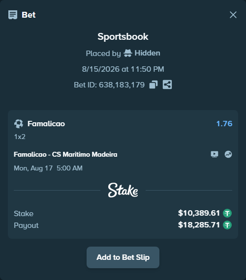 Bet slip: Famalicao - Maritimo Madeira, $10,400.00 stake at 1.76 odds, placed by Hidden