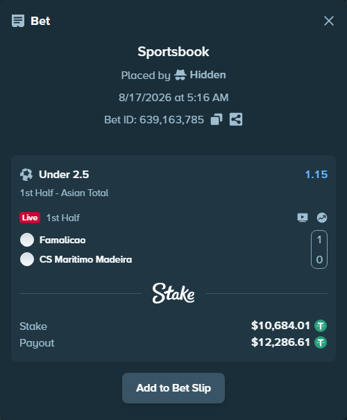 Bet slip: Famalicao - Maritimo Madeira, $10,694.69 stake at 1.15 odds, placed by Hidden