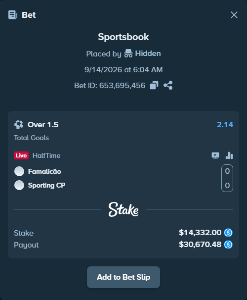 Bet slip: Famalicao - Sporting, $14,332.00 stake at 2.14 odds, placed by Hidden