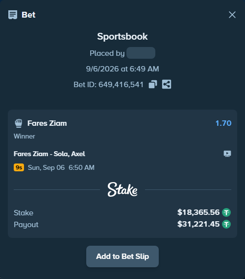 Bet slip: Fares Ziam - Sola, Axel, $18,363.73 stake at 1.70 odds, placed by Elantari36