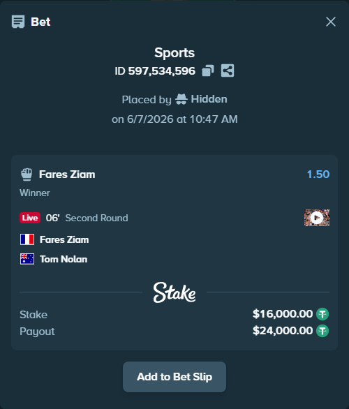 Bet slip: Fares Ziam - Tom Nolan, $16,000.00 stake at 1.50 odds, placed by Hidden
