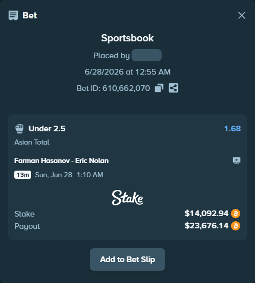 Bet slip: Farman Hasanov - Eric Nolan, $14,430.80 stake at 1.68 odds, placed by theoutlaw
