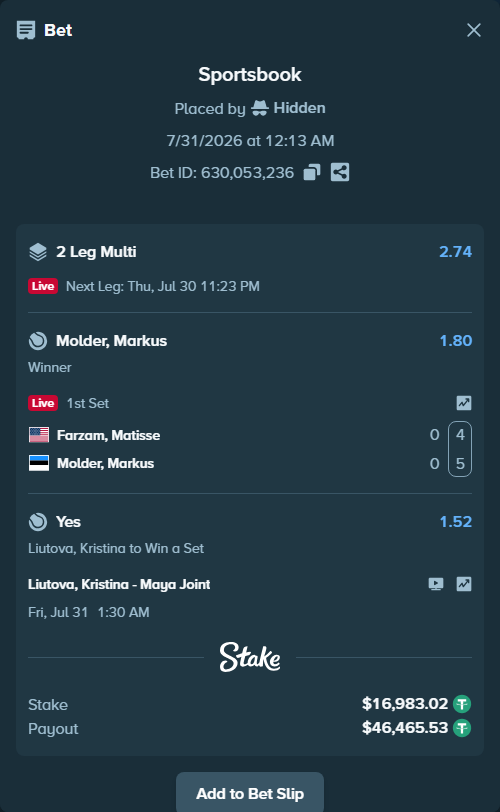 Bet slip: Farzam, Matisse - Molder, Markus, $17,000.00 stake at 1.80 odds, placed by Hidden