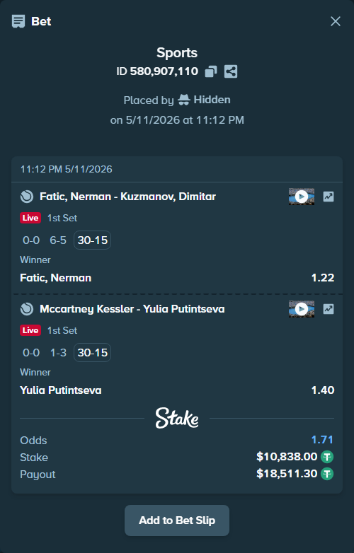 Bet slip: Fatic, Nerman - Kuzmanov, Dimitar, $10,838.00 stake at 1.22 odds, placed by Hidden