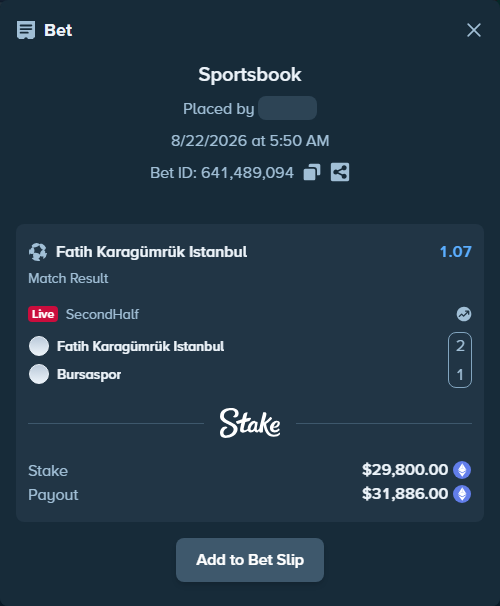 Bet slip: Fatih Karagümrük Istanbul - Bursaspor, $30,612.06 stake at 1.07 odds, placed by bit2easy1