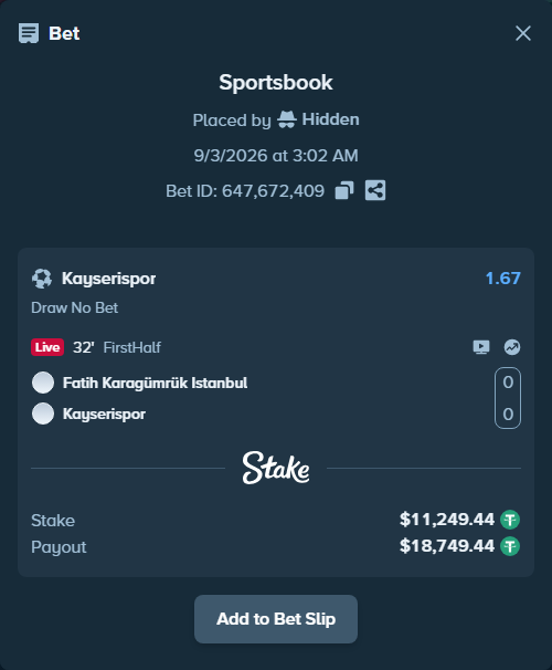 Bet slip: Fatih Karagumruk - Kayserispor, $11,249.44 stake at 1.67 odds, placed by Hidden