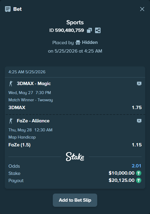Bet slip: FaZe - Alliance, $10,000.00 stake at 1.15 odds, placed by Hidden