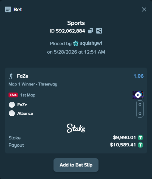 Bet slip: FaZe - Alliance, $10,000.00 stake at 1.06 odds, placed by squishywf