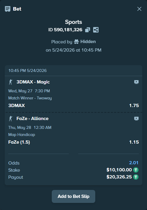 Bet slip: FaZe - Alliance, $10,100.00 stake at 1.15 odds, placed by Hidden