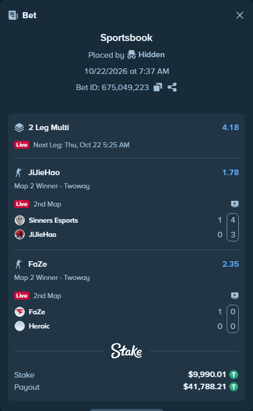 Bet slip: FaZe - Heroic, $10,000.00 stake at 2.35 odds, placed by Hidden