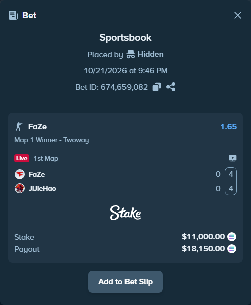 Bet slip: FaZe - JiJieHao, $11,027.13 stake at 1.65 odds, placed by Hidden