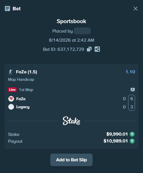 Bet slip: FaZe - Legacy, $10,000.00 stake at 1.10 odds, placed by RyazheniyPetuh
