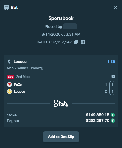 Bet slip: FaZe - Legacy, $150,000.00 stake at 1.35 odds, placed by GoldenKot