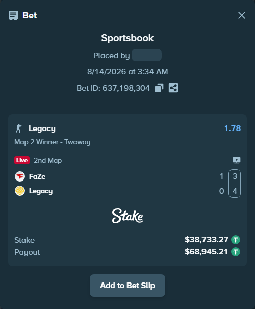 Bet slip: FaZe - Legacy, $38,772.00 stake at 1.78 odds, placed by GoldenKot