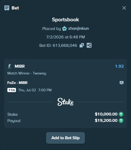 Bet slip: FaZe - MIBR, $10,010.00 stake at 1.92 odds, placed by zhanjinkun