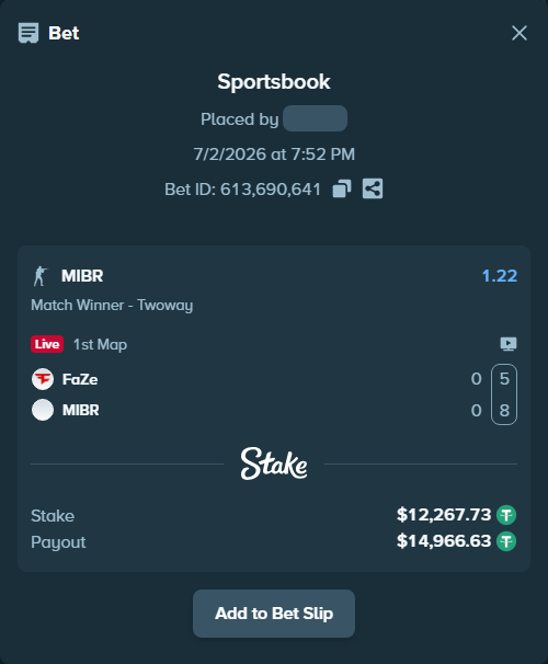 Bet slip: FaZe - MIBR, $12,280.00 stake at 1.22 odds, placed by kdanv