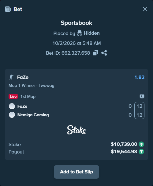 Bet slip: FaZe - Nemiga Gaming, $10,739.00 stake at 1.82 odds, placed by Hidden