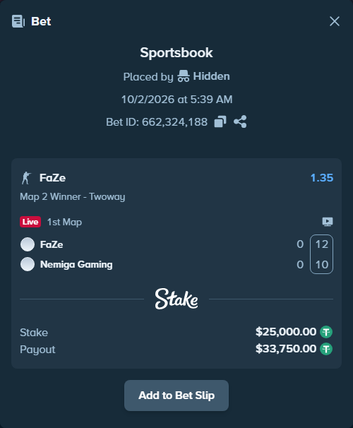 Bet slip: FaZe - Nemiga Gaming, $25,000.00 stake at 1.35 odds, placed by Hidden